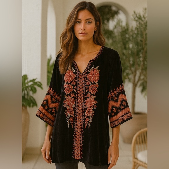 Johnny Was Silk Blend Boho Elim Velvet Peasant Blouse Embroidered Black Sz Large - Picture 12 of 12